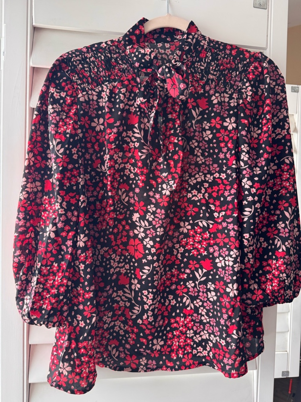 Womens Black Floral Tie-Neck Blouse - Red & Pink Floral